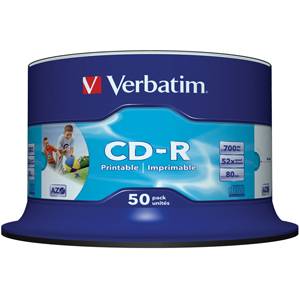Cd-r verbatim 80min./700mb 52x (printable) - 50 бр. в шпиндел