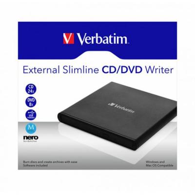 Външно dvd записващо устройство verbatim external slimline cd/dvd, черен
