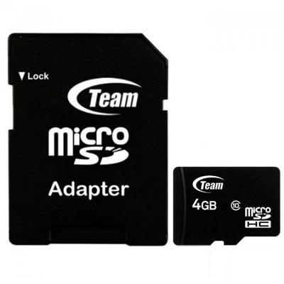 Карта памет team micro sdhc, 4 gb, class 10, sd адаптер, четене: 20 mb/s, запис: 14 mb/s, team-sdmicro-4gb-class10