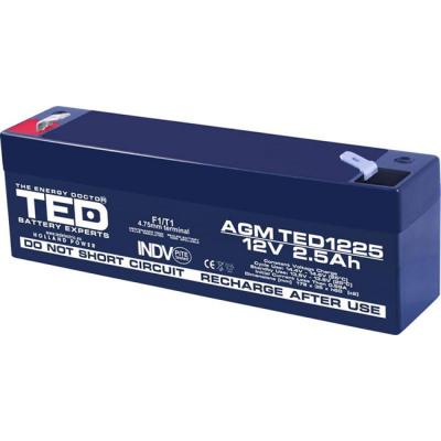 Оловна батерия ted-1225, 12 v / 2.5 ah, agm, 177 / 35 / 62 mm, t1 - b2, ted-1225