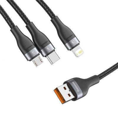 Кабел baseus 3in1 usb, lightning, usb type c (бързо зареждане), micro usb, 1.2 м, 40 w, черен, ca1t3-g1