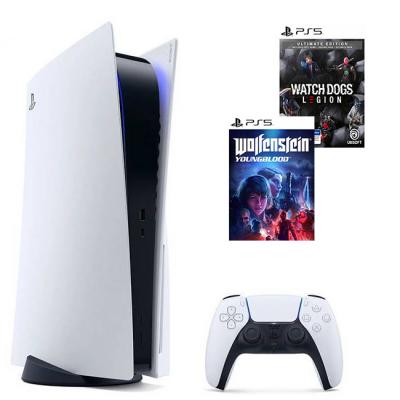 Конзола sony playstation 5, ssd 825gb, nvme ssd slot, ultra hd blu-ray 16gb gddr6 256-bit, amd zen 2 cores 3.5ghz с 8 ядра, бял + wolfenstein: youngbl