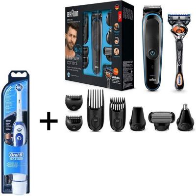 Комплект тример braun mgk3085 9 в 1 + самобръсначка gillette + електрическа четка за зъби oral-b pro-expert