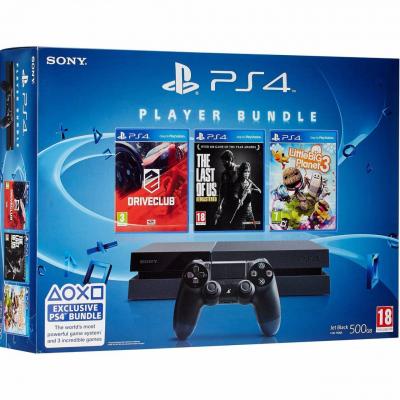 Конзола sony playstation 4 (ps4) - black 500gb + 3 игри drive club, the last of us и lbp3