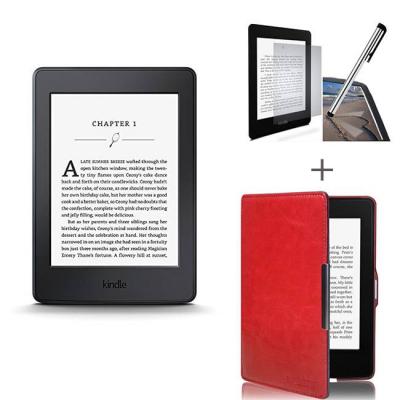 Четец за е-книги new 2015 kindle paperwhite iii + калъф червен + протектор, 6 инча with built-in light, wi-fi - includes special offers