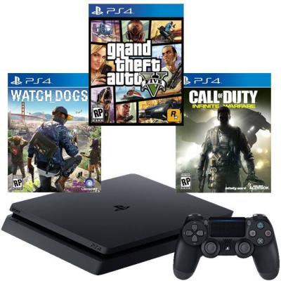 Конзола playstation 4 slim 500gb black + игра call of duty: infinite warfare за playsation 4+игра gtav (gta5): grand theft auto v+игра watch dogs 2