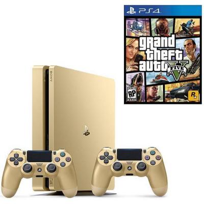 Конзола playstation 4 slim, 500gb, два геймпада, златист + игра gtav (gta5): grand theft auto v за ps4