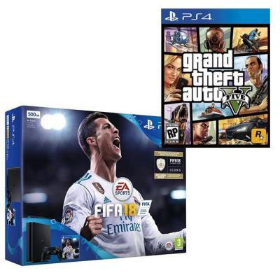 Комплект конзола sony ps4 500 gb fifa 18 bundle with fifa 18 ultimate team icons + игра gtav (gta5): grand theft auto v