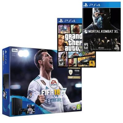 Комплект конзола sony ps4 500 gb fifa 18 bundle with fifa 18 + игра gtav (gta5): grand theft auto v + игра mortal kombat xl