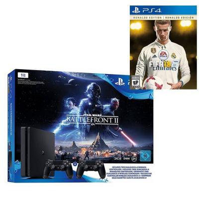 Конзола playstation 4 (1tb, black, slim) star wars battlefront ii + 2 dualshock controller+игра fifa 18 ronaldo edition за playstation 4