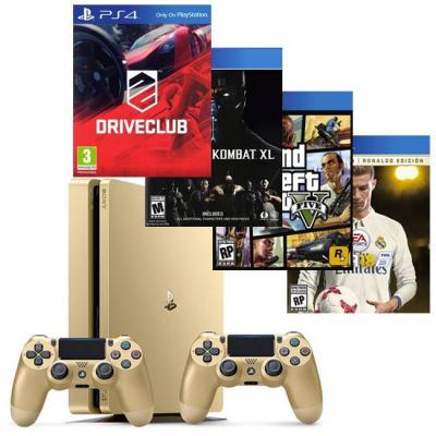 Конзола playstation 4 slim, 500gb, два геймпада, златист+игра mortal kombat xl+игра gtav (gta5)+игра driveclub ps4