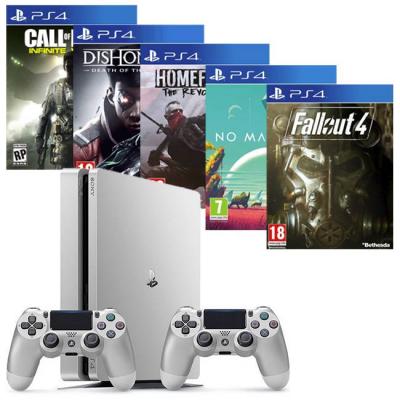 Конзола playstation 4 slim, 500gb, два геймпада, сребрист + 5 игри за ps4 (комплект)