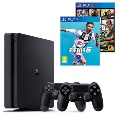 Конзола playstation 4 slim 500gb black, sony ps4+игра fifa 19 за ps4+ геймпад - sony playstation dualshock 4+игра gtav (gta5): grand theft auto v