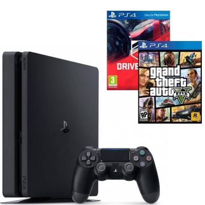 Конзола playstation 4 slim 500gb black, sony ps4 + игра gtav (gta5): grand theft auto v за ps4+ игра driveclub ps4