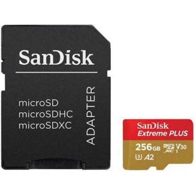 Карта памет sandisk extreme plus microsdxc, 256 gb, sd адаптер, rescue pro deluxe, 170 mb/s, a2, class 10, class v30, uhs-i u3, sdsqxbz-256g-gn6ma