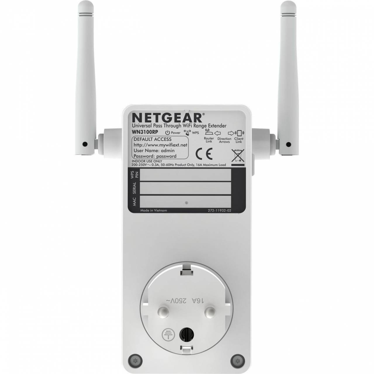 Безжична точка netgear n300 wifi range extender, 1 port, 2 external antenna  - wn3100rp-100pes 