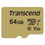 Памет transcend 64gb microsdxc i, class 10, u3, v30, mlc with adapter, read: up to 95mbs, 60mb/s, ts64gusd500s