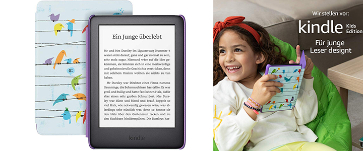 Електронен четец за деца Kindle Kids Edition, 10 Generation – 2019, 6 инча, 8GB, достъп до повече от хиляда книги, Rainbow birds калъф