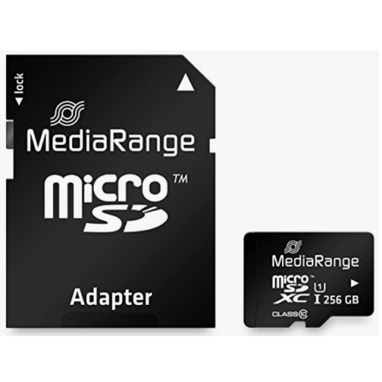 Карта с памет MediaRange microSDHC, Клас 10, със SD адаптер, 256GB