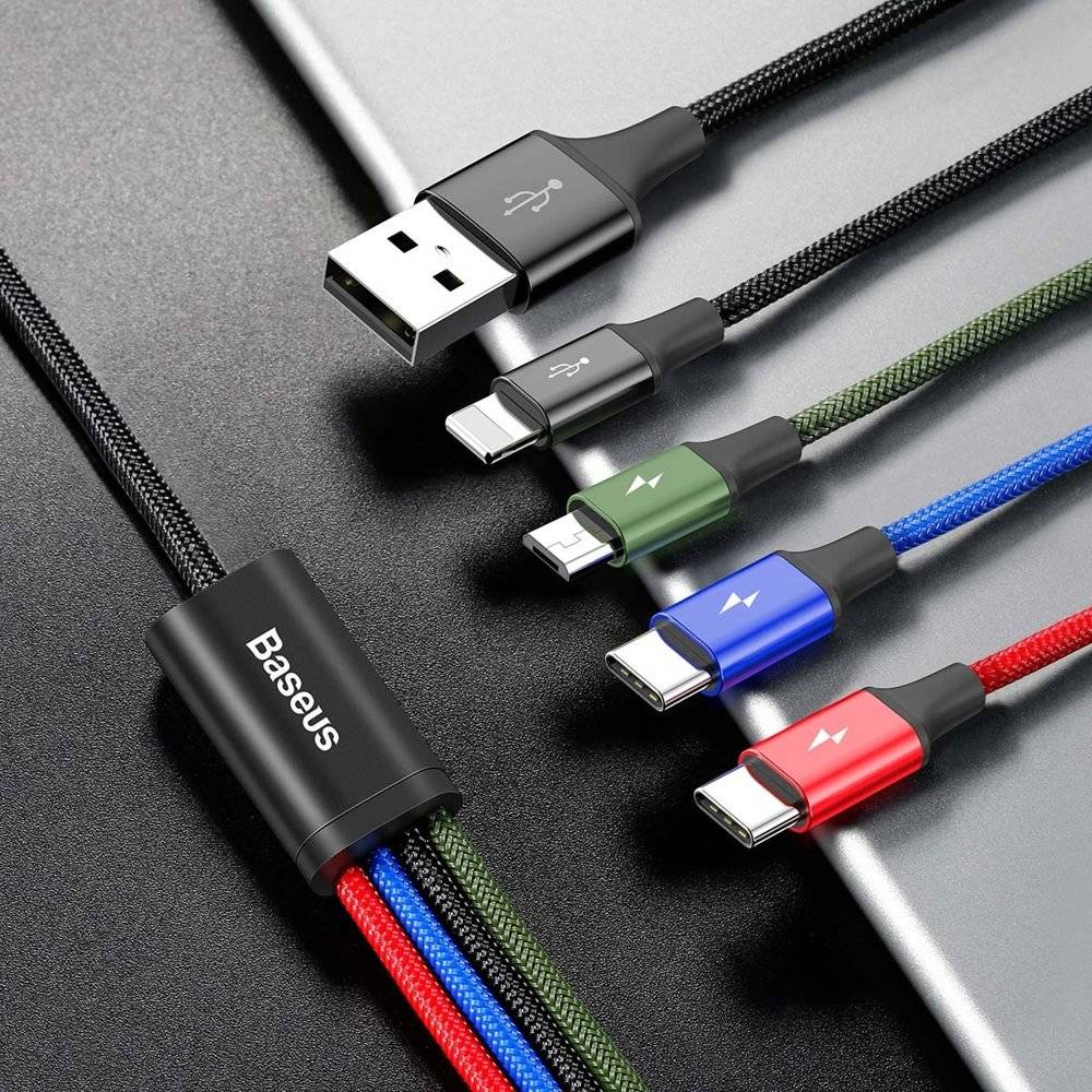 Baseus Lightning / 2x USB Type C / micro USB найлонов плетен кабел 3.5A 1.2m черен CA1T4-B01