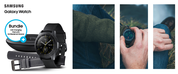Смарт часовник Samsung Galaxy Watch 42mm Bundle, черен + зарядно и кожена каишка