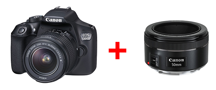 Огледално-рефлексен фотоапарат Canon EOS 1300D + EF-s 18-55 mm DC III+ Обектив Canon LENS EF 50mm f/1.8 STM
