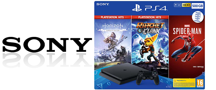 Конзола Sony PlayStation 4 Slim 500GB, jet black + Horizon: Zero Dawn (Complete Edition) + Ratchet & Clank + Spider-Man