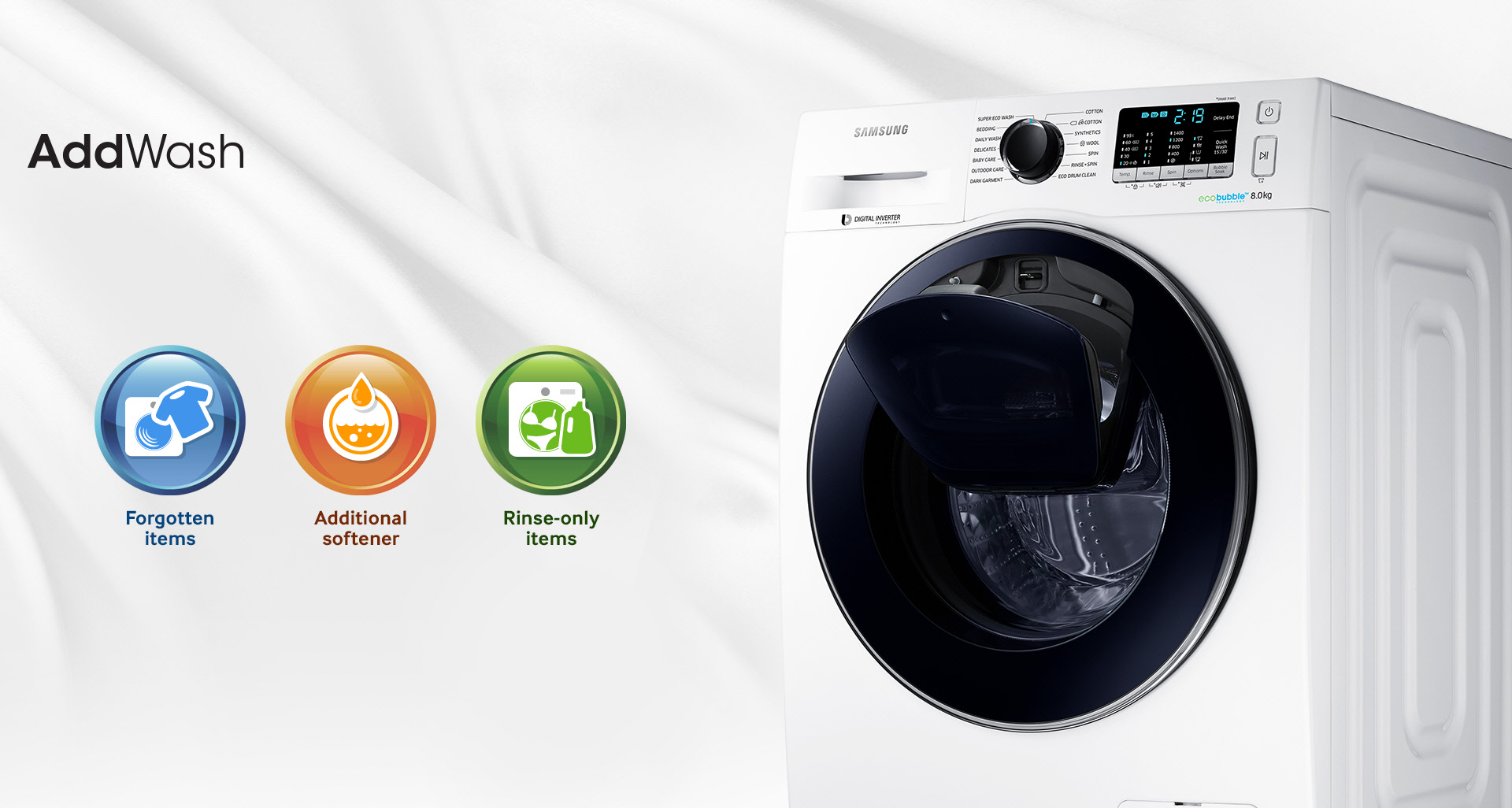 Пералня Samsung. Washing Machine капацитет 7 кг. Обороти 1200 rpm, LED,енергиен клас A+++ ADD WASH, ECO BUBBLE цвят Бял. Изгодни цени и бърза доставка. 